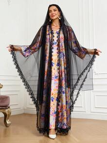 Women's Solid Color Mesh Contrast Lace Loose Arabic Abaya Black - Black - View 8