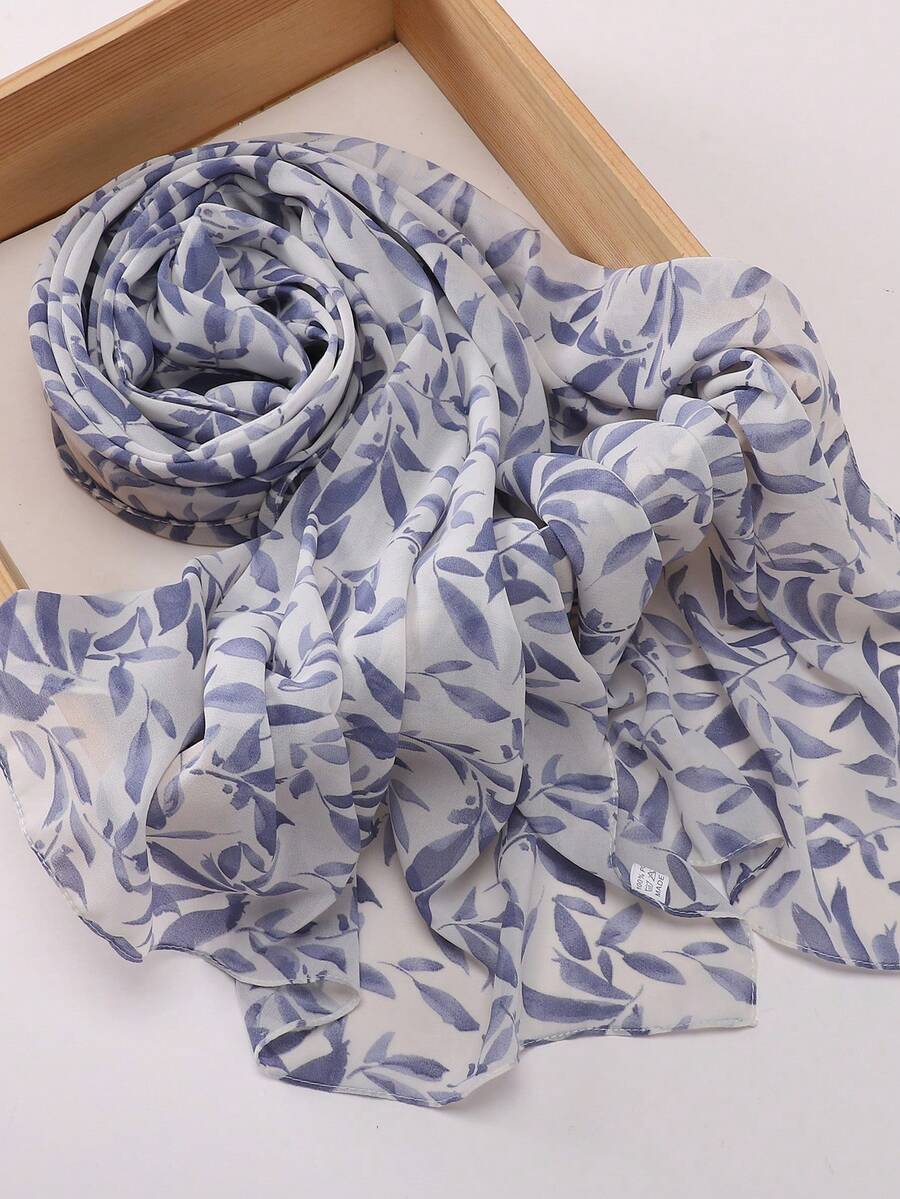 1pc Casual Printed Versatile Modest Hijab Lightweight Soft Breathable Chiffon Hijab Scarf, Spring/Summer - #133 Blue and White Leaves - View 1