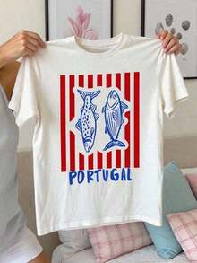 New Arrival 2026: Women's Casual Summer T-Shirt With Letter And Car Print, Crew Neck, Short Sleeve, Y2K Style, For Vacation, Spring, Festivals, Summer Wear, Graphic Tees, Summer Outfits For Women. Soft, Breathable Fabric, 100% Cotton, Fashionable For Everyday Wear, Graphic Print T-Shirt For Women. - 白色 - 查看 1