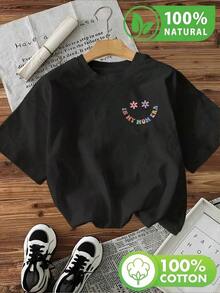 Camiseta negra de algodón puro con diseño divertido de flores y letras coloridas para mujer estilo urbano México - Negro - Ver 1