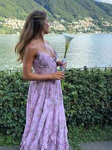 Vestido largo tirantes cuello V profundo estampado cintura marcada elegante ideal para vacaciones de playa estilo moda femenina - Morado - Ver 4