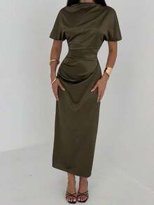 Vestido largo elegante de unicolor con cintura fruncida y plisado, adecuado para fiestas y salidas - Rojo - Ver 5