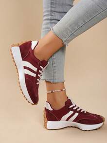 Women's White Casual Sneakers, Low-Top, Lightweight, Non-Slip, Wear-Resistant, Low Heel, Round Toe, Breathable, Lace-Up, Suitable For Outdoor Sports, - 紅色 - 查看 5