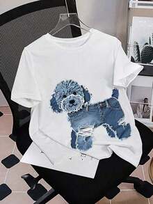Cute Dog & Denim Print Pattern Women's Round Neck T-Shirt - White - View 6