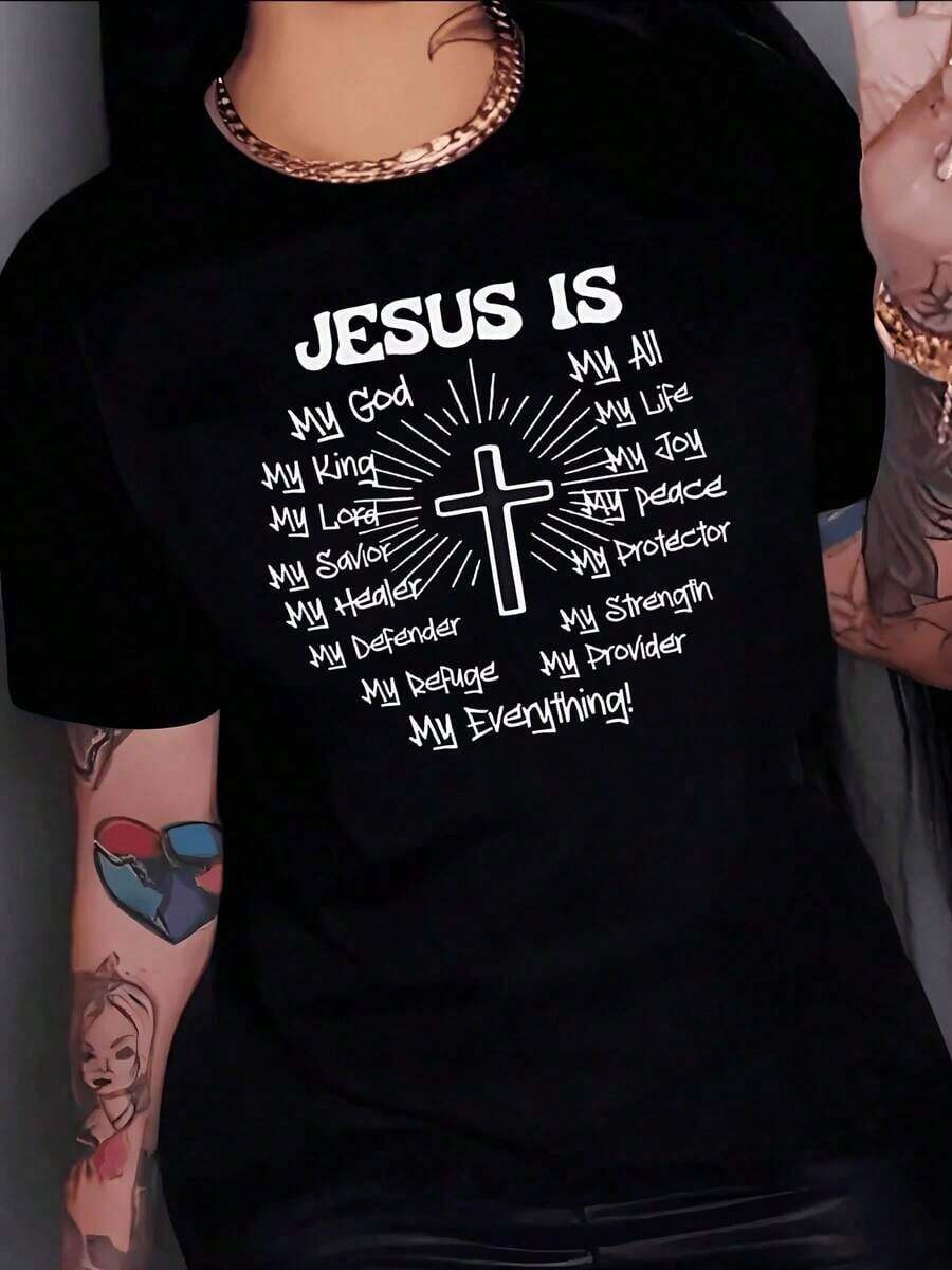 Comfortable Radiant Cross With Words Expressing Faith, Hope, Strength, Protection, And Love Surrounding Jesus. Women's T-Shirt, 100% Cotton, 220g. Fashionable All-Match Women's Short Sleeve T-Shirt, Basic Style For Inner And Outerwear. - 黑色 - 查看 1