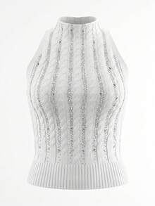 Sexy Rhinestone Decor Sleeveless Knit Crop Top, Design Details, Slim Fit, Summer White - White - View 9