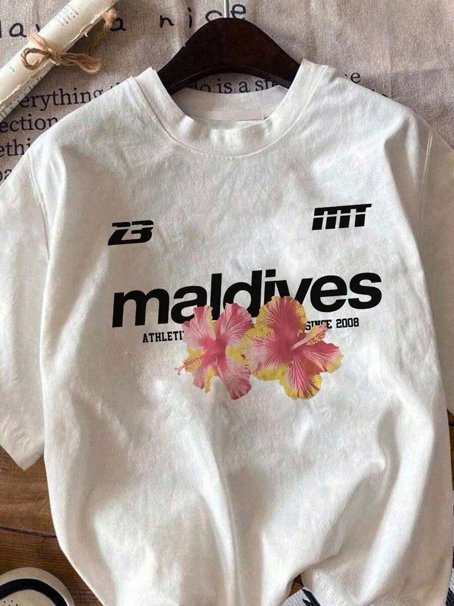 Camiseta de manga corta para mujer con estampado de flores tropicales y letras, cuello redondo, apta para uso diario, salidas casuales, fin de semana, reuniones y vacaciones, estilo casual y costero, ideal para primavera y verano, envío nacional a todo México. - Blanco - Ver 1