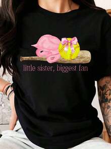 Women's Cotton Softball T-Shirts, "Little Sister Biggest Fan" T-Shirt For Women And Girls, Gift For Softball Lovers, Pink Ball And Bat Design, Cute Sportswear. - 黑色 - 查看 7