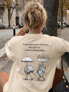 1 pieza de camiseta de verano para mujer, de cuello redondo y manga corta, con estampado de estilo vacacional, corte holgado informal, cómoda, adecuada para usar en verano, en la playa, en la calle, en actividades diarias, en el trabajo, reuniones de oficina, etc. - Albaricoque - Ver 2