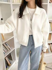 Sweatshirt Kasual Wanita Warna Polos dengan Kerah dan Resleting, Gaya Santai Serbaguna untuk Olahraga, Hiburan, Perjalanan, Musim Gugur/Dingin (Putih) - Putih - View 1