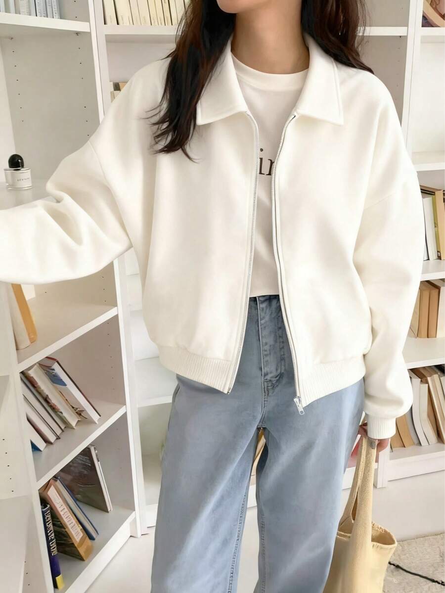 Sweatshirt Kasual Wanita Warna Polos dengan Kerah dan Resleting, Gaya Santai Serbaguna untuk Olahraga, Hiburan, Perjalanan, Musim Gugur/Dingin (Putih) - Putih - View 1