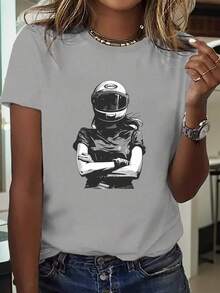 Camiseta Mujer Manga Corta Estampado Chicas Motociclistas Ropa Casual - Negro - Ver 10