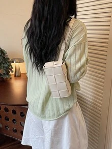 1个女士迷你编织方形斜挎包，编织纹理简约时尚方形包，极其别致的小方形包 - 米色 - 查看 7