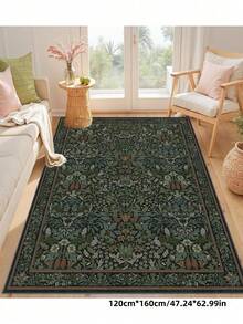 1pc Bohemian Style Paris Garden Printed Carpet, Suitable For Living Room, Bedroom, Dining Room, Dorm, Office And Other Home Decor, Non-Slip Vintage Farmhouse Style Rug - Dark Green - View 6