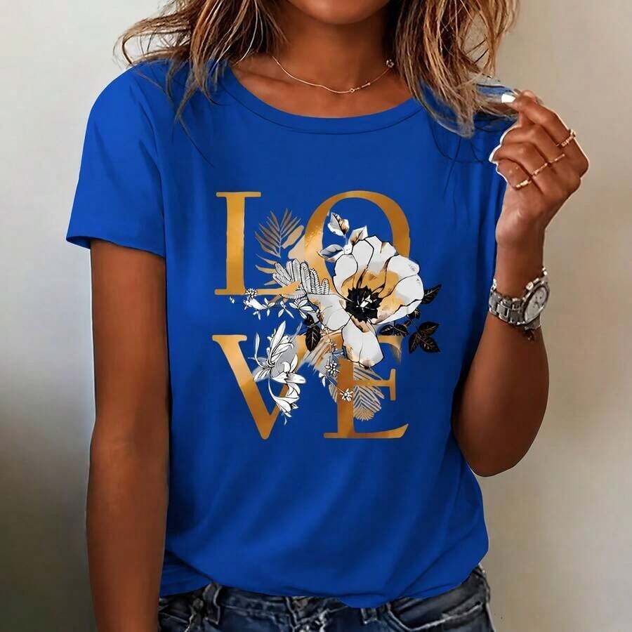 Camiseta de manga corta casual de verano para mujer - Estampado floral con la palabra LOVE, cuello redondo, camiseta de elasticidad media lavable a máquina para el Día de San Valentín y atuendos casuales, camisetas para damas, atuendo romántico. - Azul - Ver 1