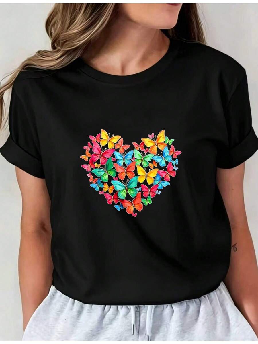 ¡Oferta por tiempo limitado, unidades limitadas, relámpago! Camisas casuales para mujer, camisetas de poliéster para mujer, camisas elegantes. Camiseta de hombre con estampado de mariposas y corazones, corte holgado, cuello redondo informal, decorada con coloridos y llamativos diseños de mariposas y corazones, tallas S-XXXL, ideal para uso diario. Camiseta informal de cuello redondo, prenda cómoda para mujer. - Negro - Ver 1