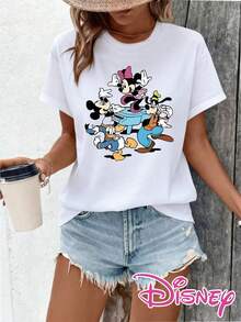 Plus Size - Plus Size - Genuine Disney Cartoon Characters Mickey, Minnie, Donald Duck, And Goofy Joyfully Playing Around A Piano Pattern Disney Summer New Short-Sleeved T-Shirt Top Women'S Casual Fashion Printed T-Shirt Women - trắng - Xem 1