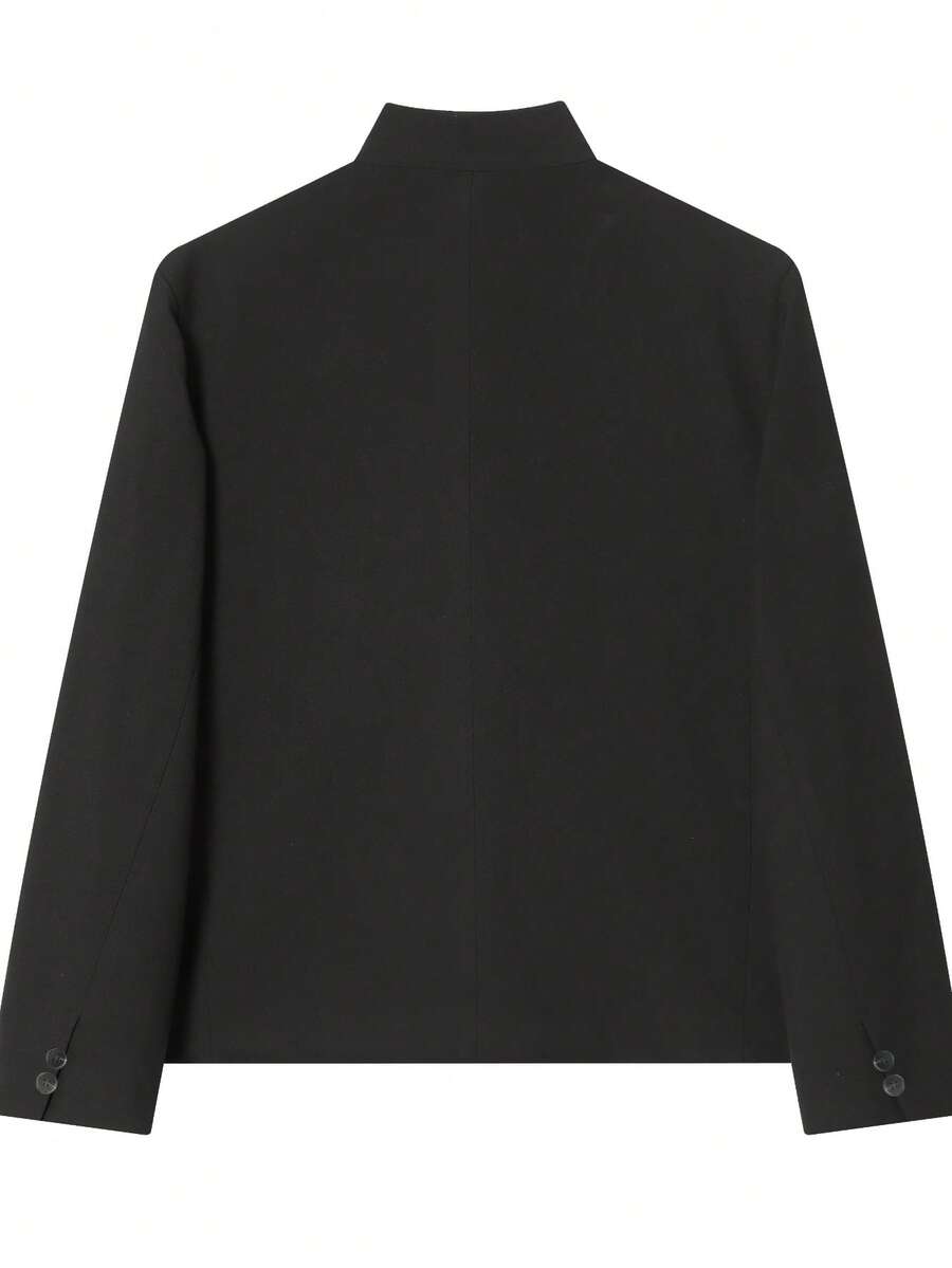 Omen Spring/Summer New Minimalist Asymmetric Stand Collar Blazer, Slit Long Sleeve Button Decor Blended Jacket - Black - View 1