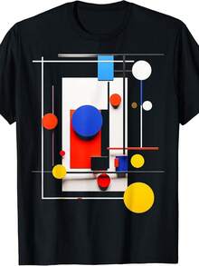 Camiseta con Patrón Abstracto Geométrico Artístico y Colorido |   Unisex, Verano 2026, manga corta, estampado, 220G puro, cuello redondo, corte regular, estilo vintage, diseño de pintura, camisa elegante adecuada para fiestas. - Negro - Ver 6