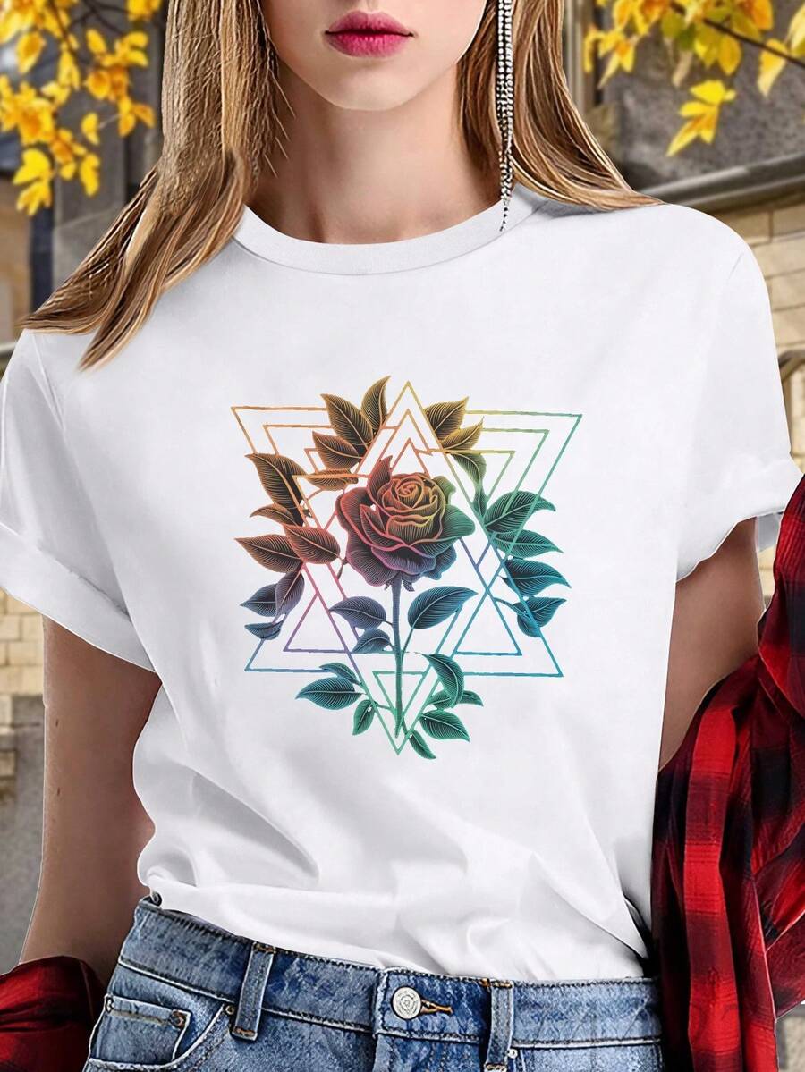 ¡Oferta por tiempo limitado, unidades limitadas, relámpago! Camisas casuales para mujer, camisetas de poliéster para mujer, camisas elegantes. Camiseta de mujer con estampado de rosas geométricas multicolores y laberinto hebreo: cuello redondo suave, mangas cortas, prenda informal, apta para todas las estaciones, atuendo cultural . - Blanco - Ver 1