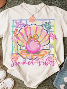 Camiseta estilo océano con diseño de concha, camiseta de cuello redondo para mujer, camiseta vintage de estilo callejero con cuello redondo, ropa casual para primavera y verano, camiseta holgada única para mujer, popular para uso diario, regalo de vacaciones, regalo perfecto, 180g 100% algodón. - Blanco - Ver 9