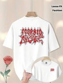 Camiseta de manga corta para hombre, corte holgado, cuello redondo, con estampado artístico de letras rojas, ideal como regalo. - Negro - Ver 6