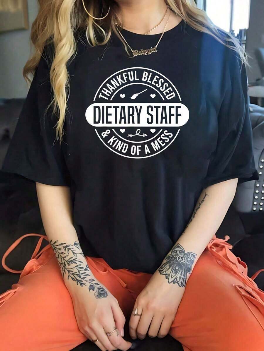 1 camiseta de mujer para la Semana del Alimento, el Día del Trabajador y la Semana del Aprecio por el Catering. 1 camiseta divertida de manga corta con estampado gráfico de gran tamaño, novedosa, 100% algodón, informal, con cuello redondo, versátil, 180g, 100% algodón, los diseños están impresos. Unisexo. - Negro - Ver 1