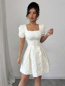 Women's Dress With Puff Sleeves And Square Neck, Fashionable For Summer - 白色 - 查看 5