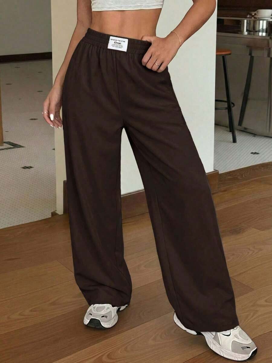 Pantalones rectos y sueltos de pierna ancha de color negro con estampado tipo zhanga para vacaciones de primavera y verano - Marrón Chocolate - Ver 1