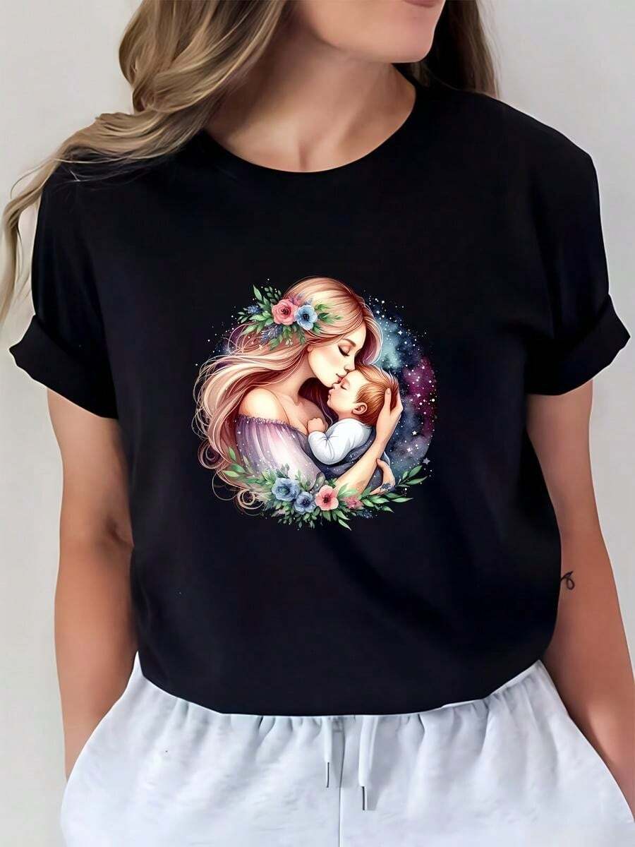 1 pieza de Playera corta 100% algodón, cuello redondo casual con estampado floral, dise?o de flores, para uso diario - Negro - Ver 1