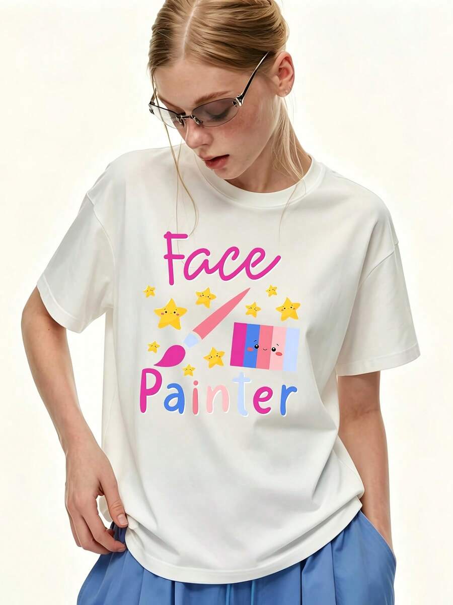 Camiseta de manga corta para mujer de 180g con estampado de pintura, top casual de corte holgado, adecuada para reuniones familiares, actividades de building, regalos de cumpleaños, atuendo de verano 2024 - Camiseta unisex de algodón holgada de manga corta y cuello redondo estilo vintage urbano. - Blanco - Ver 1