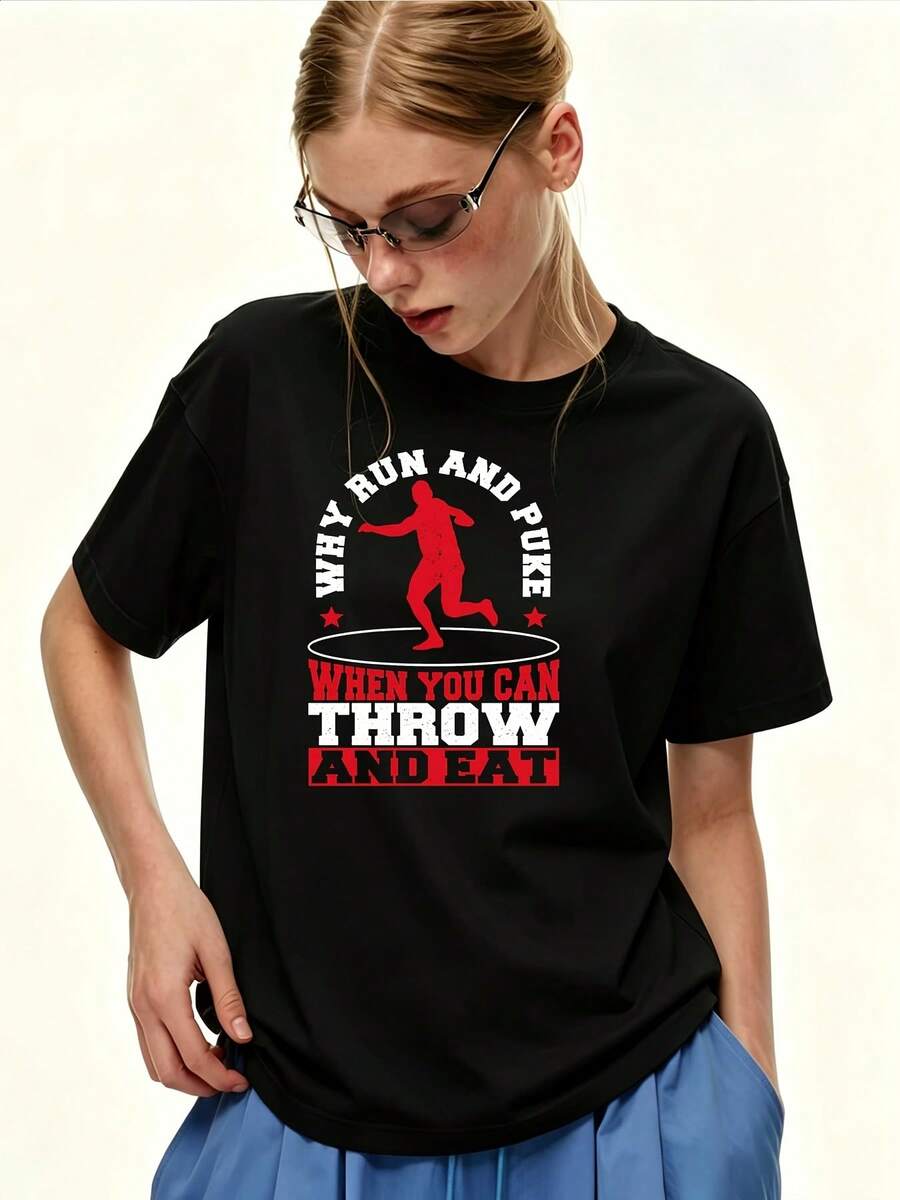 Women's Loose-Fitting Printed T-Shirt (180g) - You Can Throw It Away And Eat It If You Throw Up While Running. Fun Print, Casual Short-Sleeved T-Shirt, Perfect For Summer Family Gatherings, Office Parties, And Building Gifts. 2024 Fashion - Unisex Cotton Loose-Fitting Short-Sleeved Crew Neck T-Shirt In An Urban Vintage Style. - 黑色 - 查看 1