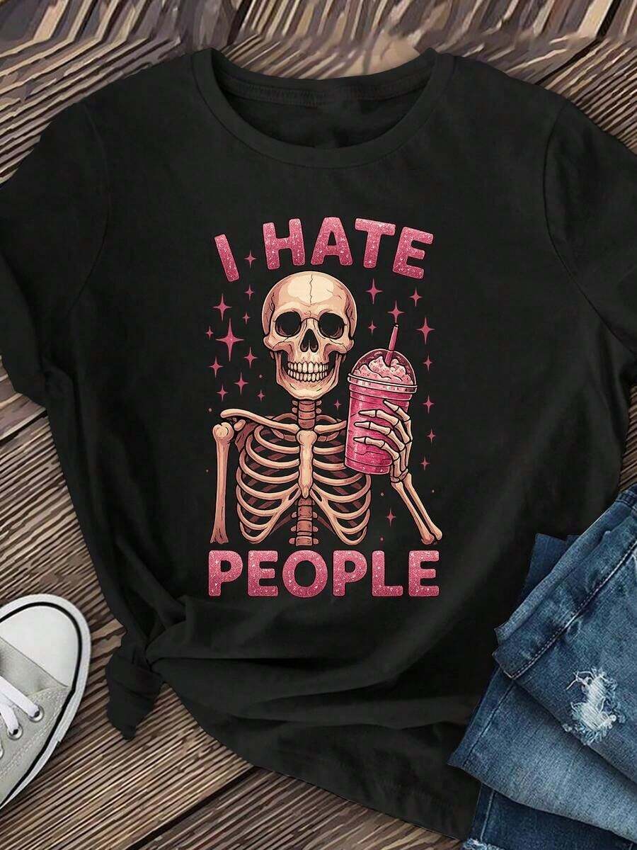 [Camiseta de Mujer con Estampado de Calaveras] Camisetas de Manga Corta para Mujer con Diseño de Calaveras Rosadas |     Camisetas estampadas de cuello redondo casuales de verano para primavera y verano, ropa fresca de verano para mujer. - Negro - Ver 1