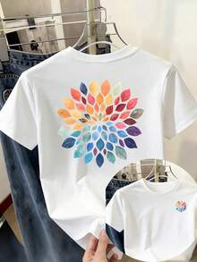 Camiseta de Mujer con Estampado 'Mandala de Hojas Arcoíris', Casual, de Manga Corta y Cuello Redondo, Suave y Cómoda, con Doble Estampado en Pecho y Espalda, 100% Algodón. - Blanco - Ver 7