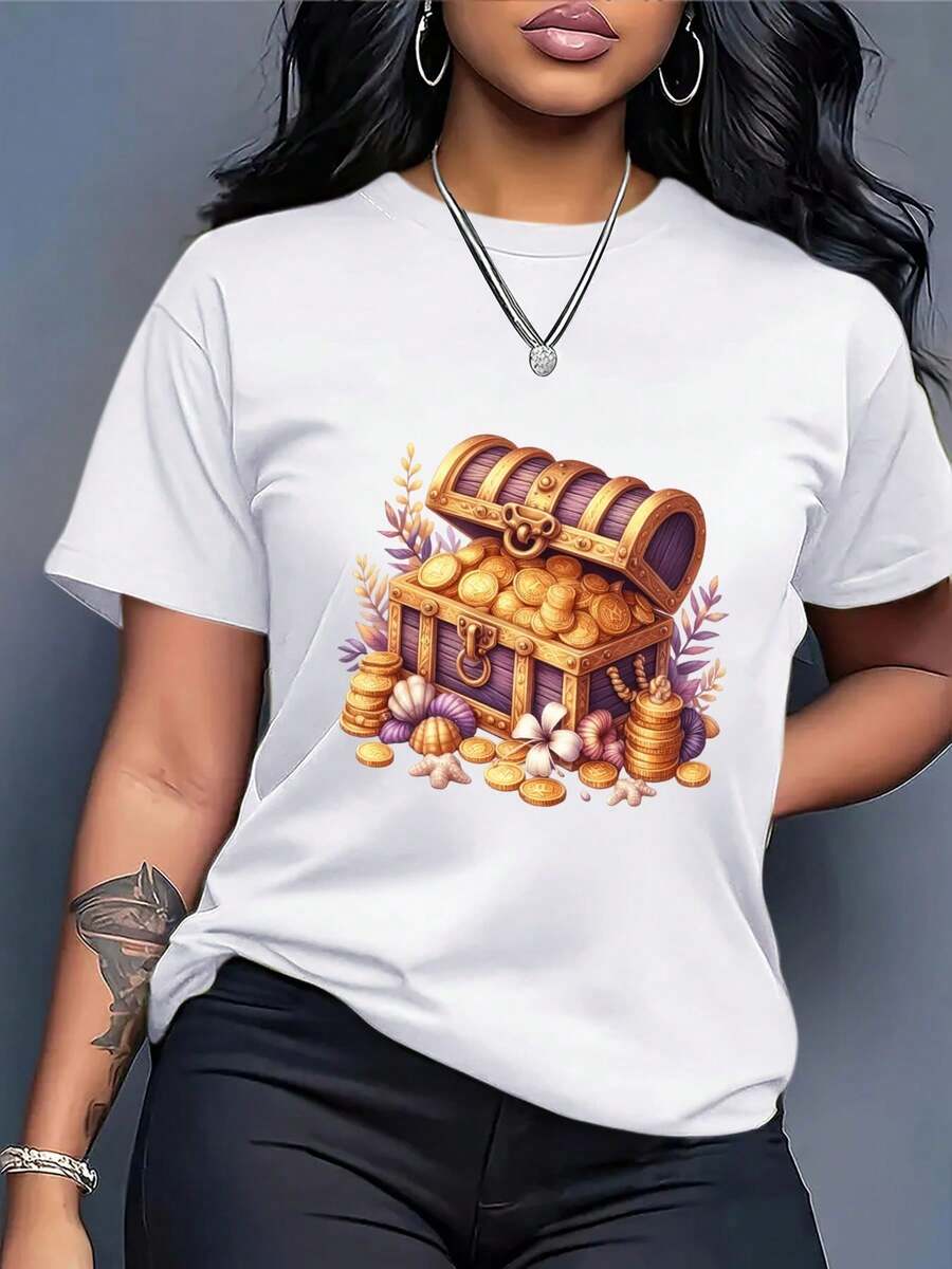 Camiseta Blanca Holgada de Talla para Mujer - Estampado de Monedas del Tesoro Pirata, Top Casual para, Transpirable, de Manga Corta para Verano, Lavable aáquina, Adecuada para Eventos Temáticos Piratas y Estilo Relajado de Fin de Semana - Camiseta Vintage de Estilo Urbano Unisex de Algodón, Manga Corta y Cuello Redondo - Blanco - Ver 1