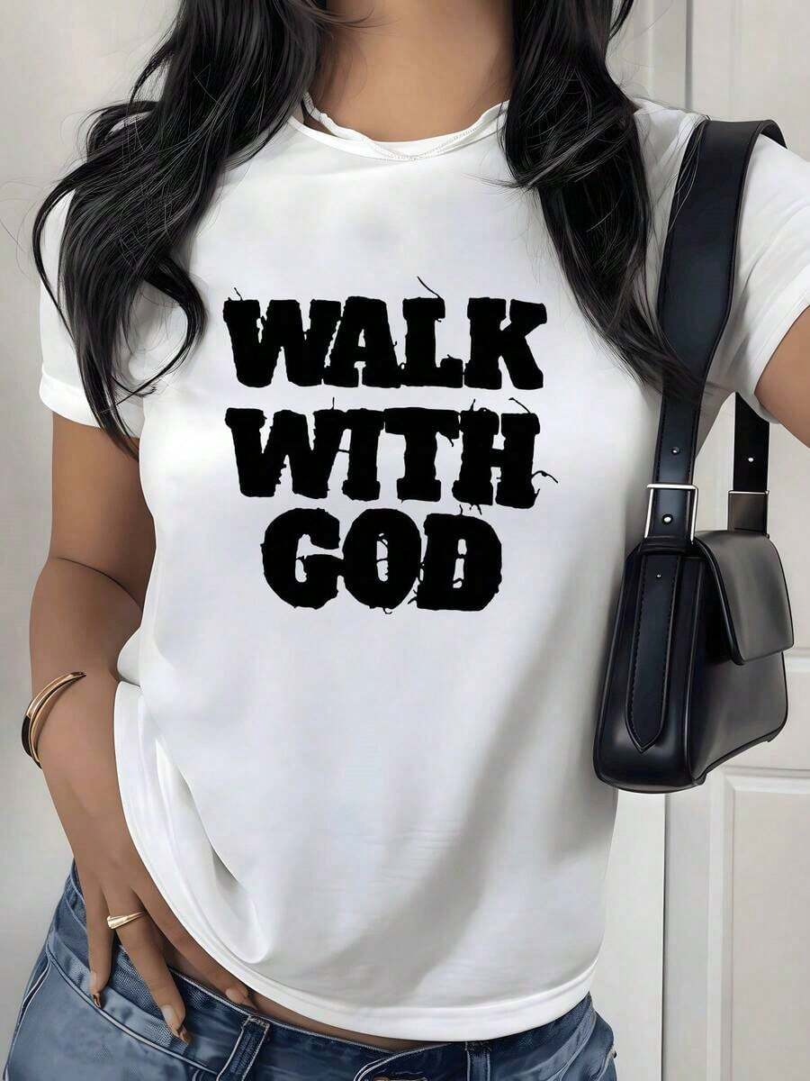 T-Shirt With Inspirational Quote Graphic Print, 180g, 1 Piece, Inspirational Verse, Casual T-Shirt For Women, 100% Cotton, Minimalist Streetwear Style - 白色 - 查看 1