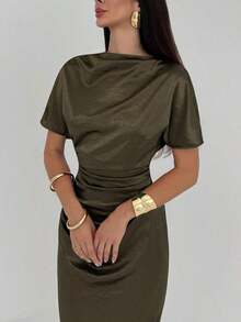 Vestido largo elegante de unicolor con cintura fruncida y plisado, adecuado para fiestas y salidas - Rojo - Ver 7
