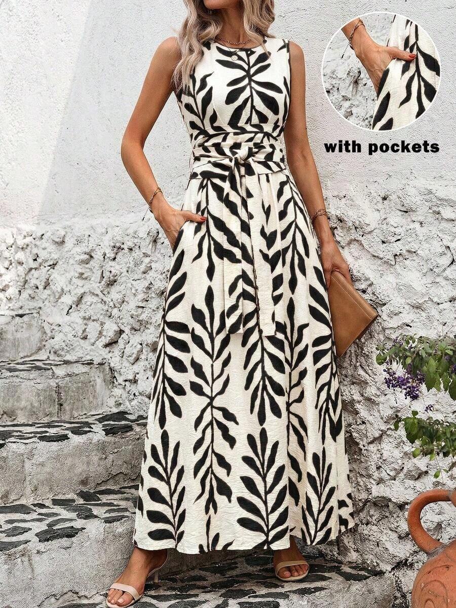 Vestido de verano sin mangas con cuello redondo, cintura ajustada y estampado todo sobre todo, para uso casual y vacaciones - Negro - Ver 1