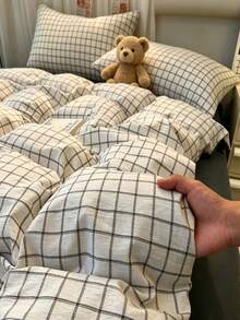Juego de ropa de cama de 3 piezas con estampado a cuadros minimalista japonés en tonos neutros, de hilo lavado arrugado, de poliéster suave para todas las estaciones, con cremallera, en varios tamaños, fundas de almohada con patrón aleatorio, sin relleno interior - Blanco - Ver 10