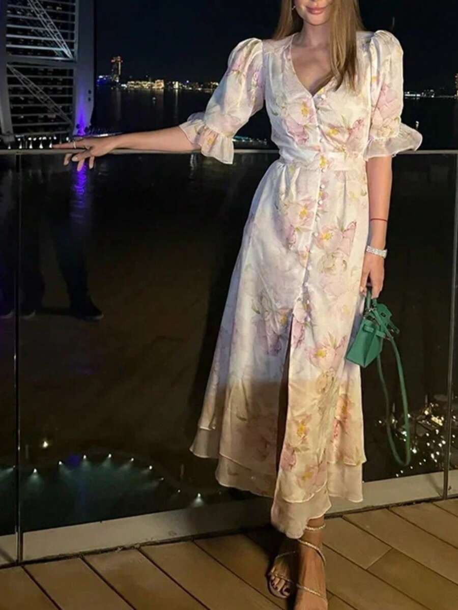 Vestido Largo Primavera Estampado Floral Cintura Ajustada Holgado Casual Estilo Europeo Elegante Moda Mujer - Rosa - Ver 1