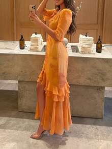 Vestido Mujer Primavera Tirantes con Volantes Estampado Floral Vintage Estilo Francés Elegante Moda Europea - Naranja - Ver 3