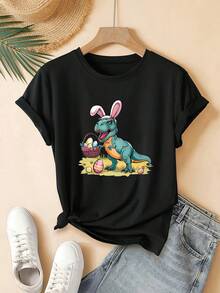 ¡Oferta por tiempo limitado, unidades limitadas,  relámpago! Camisas casuales para mujer, camisetas de poliéster para mujer, camisas elegantes. Camiseta de manga corta para mujer, corte regular - Diseño geométrico 2D rosa con un dinosaurio de dibujos animados con orejas de conejo y portando un cesto de huevos colorido, estilo urbano moderno |   Adecuada para vacaciones y ocio |   Ideal para ambiente festivo - Negro - Ver 7