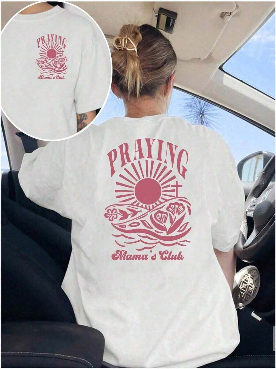 Camiseta de Mujer Moderna "Christian Mama", Diseño Boho "Praying Mama's Club", Transpirable y Cómoda, Manga Corta, Cuello Redondo de Algodón Suave, Ideal para Salidas Casuales y Looks de Moda para Mamás - Blanco - Ver 1
