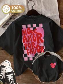 [Impresión a Doble Cara] Estilo Primavera/Verano para Mujer, Estampado Retro de Corazones y Cuadros, Camiseta de Manga Corta con Cuello Redondo, Pura y Casual - Negro - Ver 1