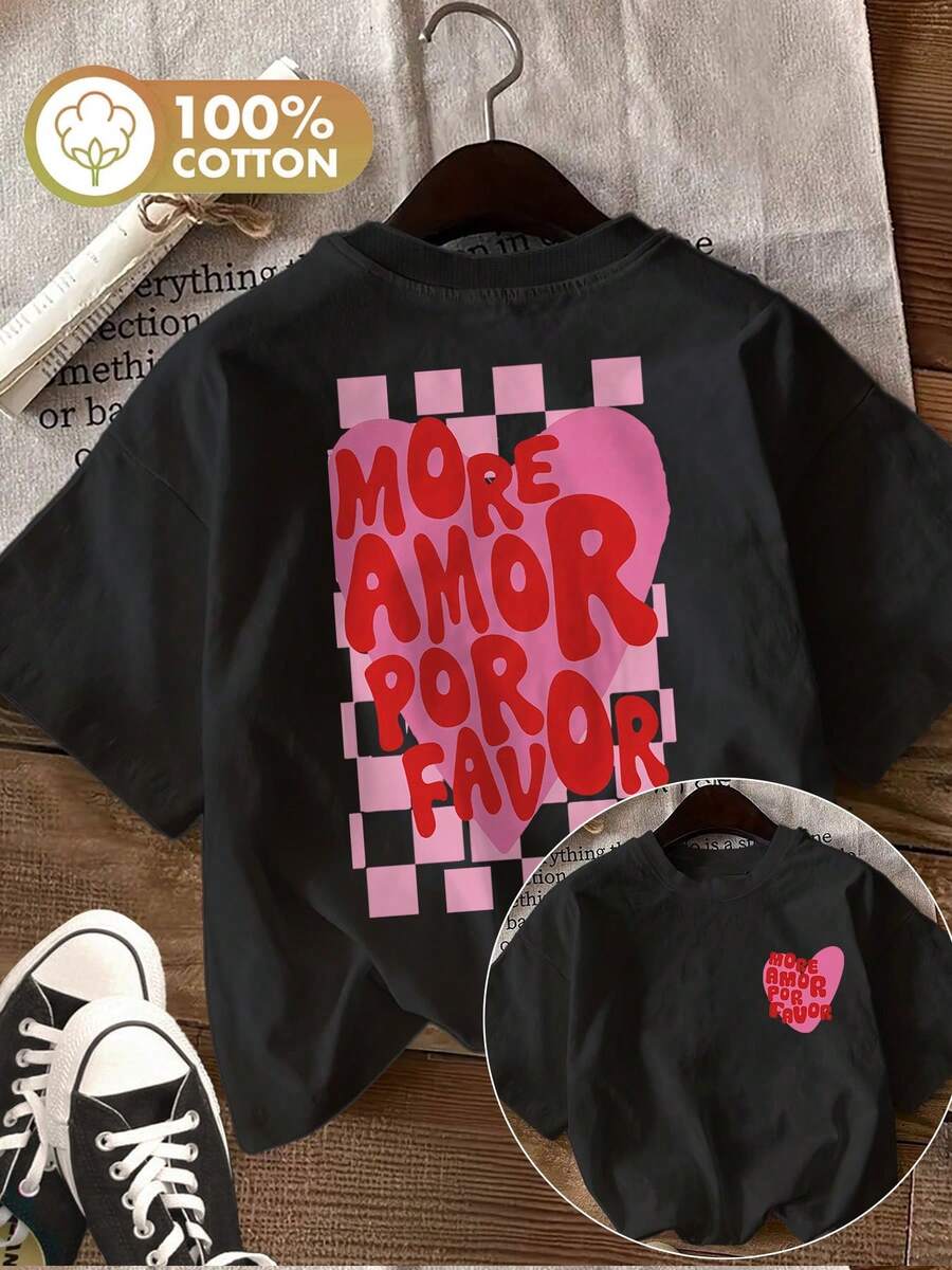 [Impresión a Doble Cara] Estilo Primavera/Verano para Mujer, Estampado Retro de Corazones y Cuadros, Camiseta de Manga Corta con Cuello Redondo, Pura y Casual - Negro - Ver 1