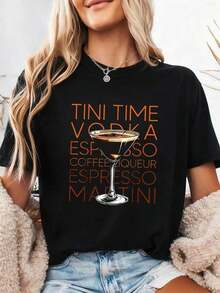 1 pieza Camiseta Gráfica para Mujer Tini Time Vodka Espresso Martini 100% Negra, Corte Relajado, Manga Corta, Cuello Redondo, con Letras Coloridas de Cóctel y Diseño de Martini, Camiseta Casual Transpirable de Verano, 180g Algodón 100%. - Negro 3 - Ver 2