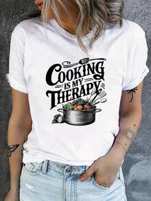 Camisetas de moda de algodón de talla grande para mujer 2026, camiseta con estampado "Cocinar es mi terapia", top casual de manga corta con cuello redondo para primavera/verano, top de manga corta cómodo, suave y sencillo para uso diario de mujer. - Blanco - Ver 1