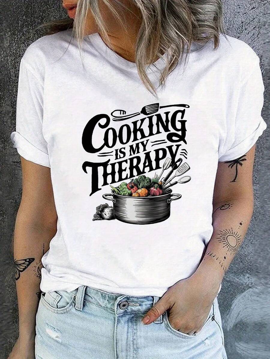 Camisetas de moda de algodón de talla grande para mujer 2026, camiseta con estampado "Cocinar es mi terapia", top casual de manga corta con cuello redondo para primavera/verano, top de manga corta cómodo, suave y sencillo para uso diario de mujer. - Blanco - Ver 1