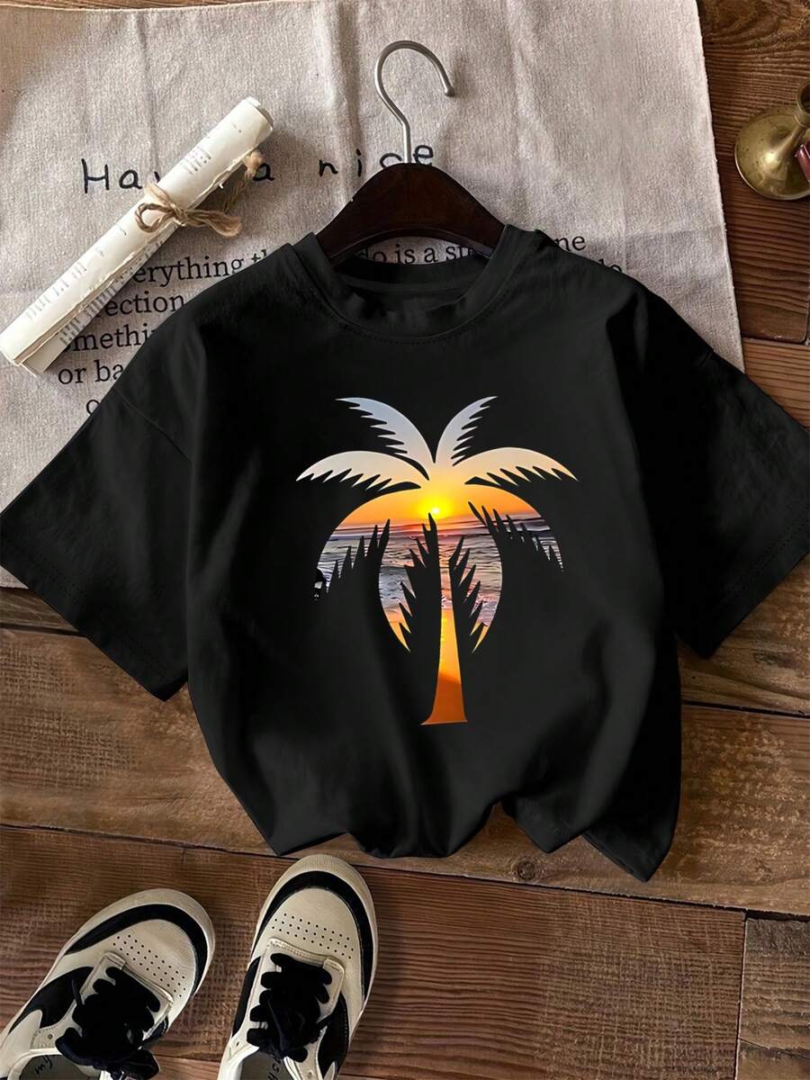 ¡Oferta por tiempo limitado, unidades limitadas, relámpago! Camisas casuales para mujer, camisetas de poliéster para mujer, camisas elegantes. Camiseta informal estampada para mujer - Estampado de palmeras tropicales y puesta de sol, manga corta, cuello redondo, tejido ligero de poliéster, perfecta para primavera y verano, una prenda básica informal de verano | Top con estampado tropical | Ajuste cómodo - Negro - Ver 1