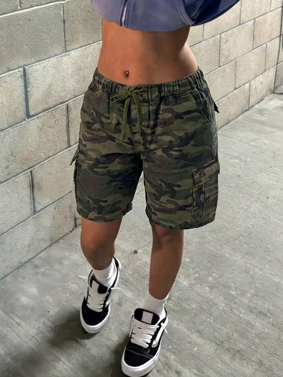 女款抽繩彈性腰多口袋寬鬆直筒牛仔工裝短褲休閒夏季款 - 軍綠色 - 查看 1